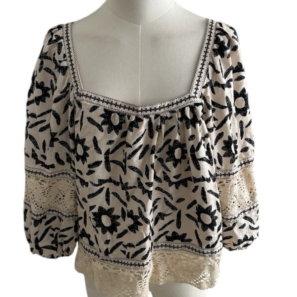 Christian Siriano Soleil‎ Embroidered Top Linen Blend Boho Black Cream Size M L